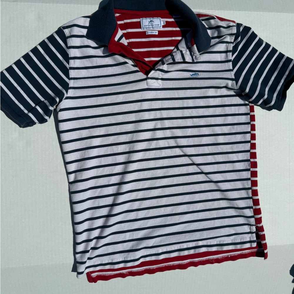Southern Tide Navy and White Striped Polo